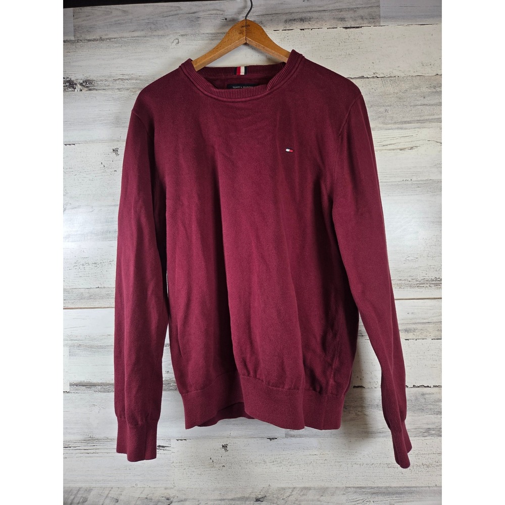 Tommy Hilfiger Crewneck Sweater Mens Large Burgundy Cotton Knit Logo